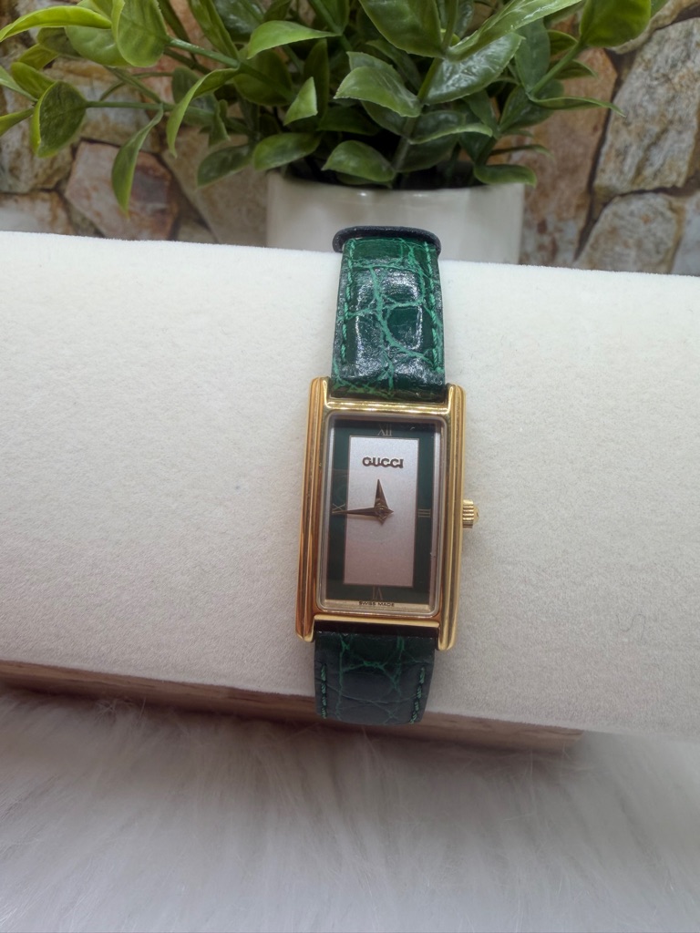 Vintage Gucci Gold-Tone Rectangular Watch With Original Green Croc Strap